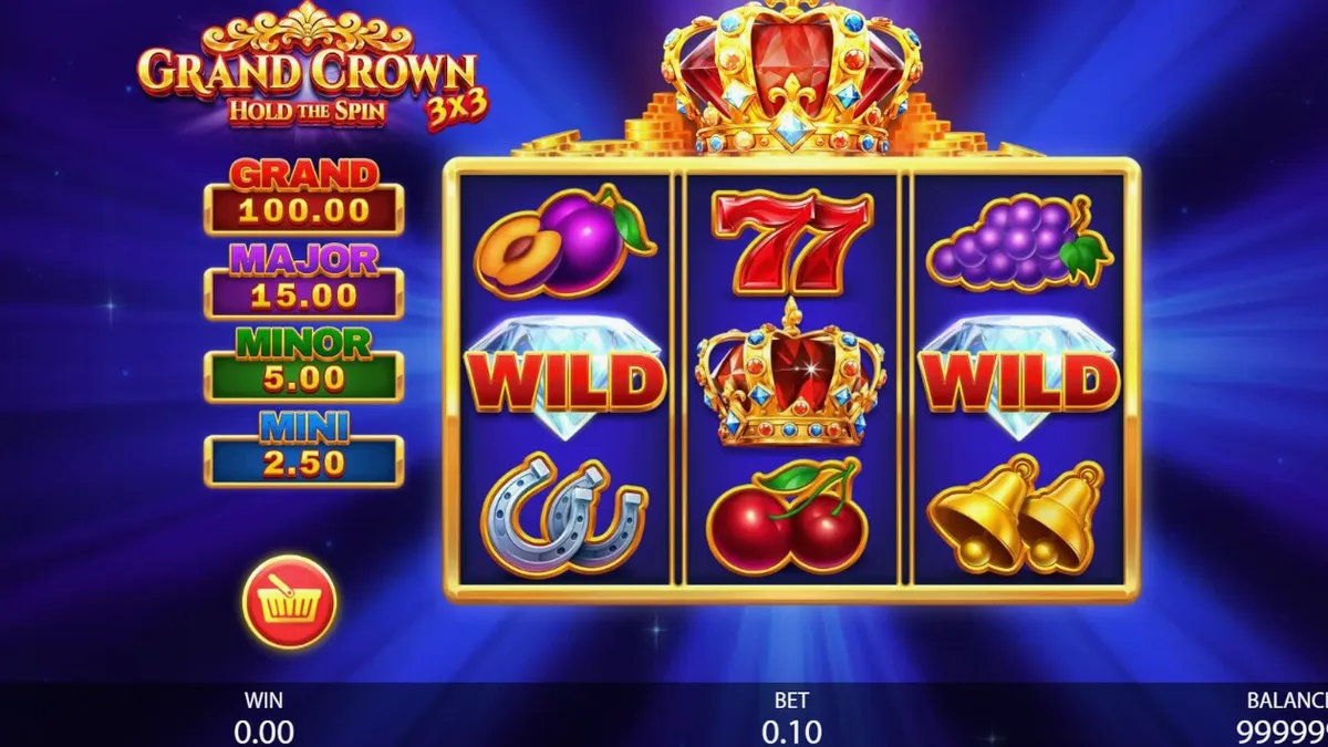 Isang makintab na 3x3 slot machine na may temang korona at prutas sa isang gintong background.